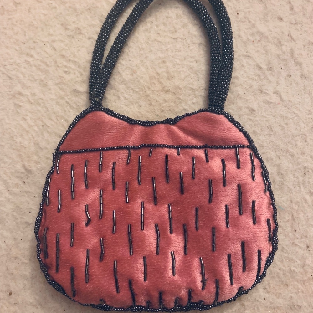 Bloomingdales pink velvet and grey beaded bag.